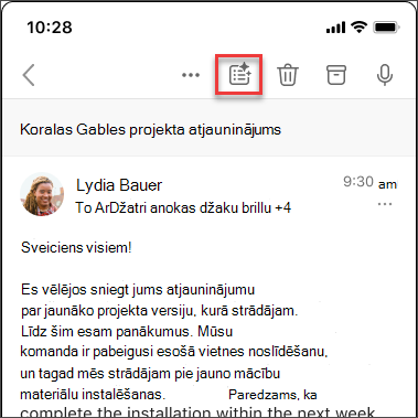 Copilot kopsavilkuma izveides ikona, lai izveidotu e-pasta pavediena kopsavilkumu iOS un Android ierīcēs.