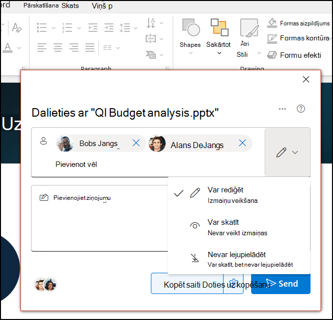 Koplietošanas ikona un dialoglodziņš programmā PowerPoint