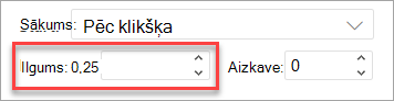 Lauks Duration, lietojot animāciju programmā PowerPoint tīmeklī.