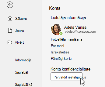 Konta informācija Backstage skatā