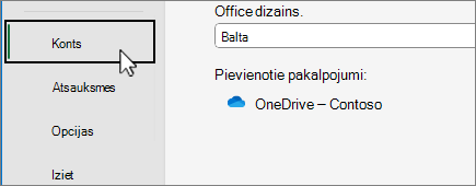 Account menu item on the Backstage selected