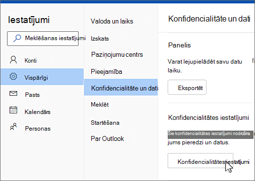 Iestatījumu vispārīgās privātuma un datu izvēlne