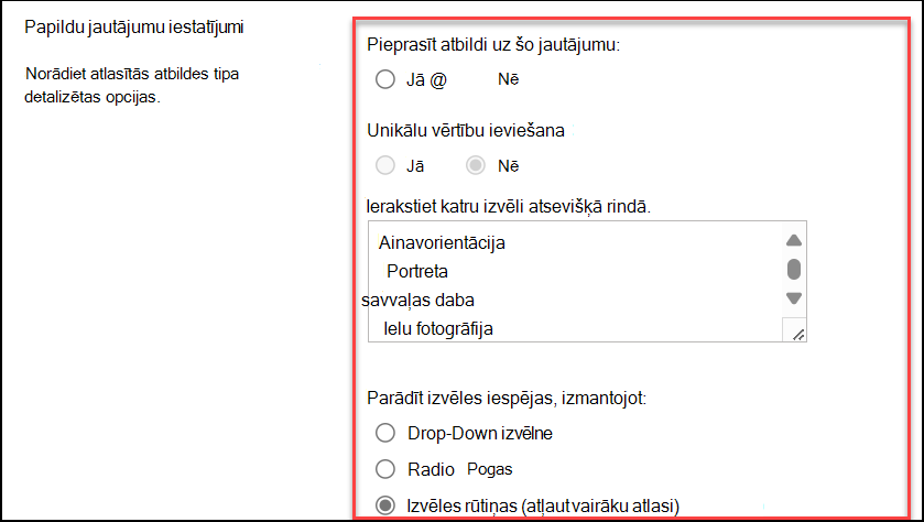 Ekrānuzņēmums ar papildu jautājumu iestatījumiem