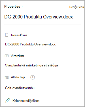 Ekrānuzņēmums, kurā redzami dokumenta rekvizīti SharePoint bibliotēkā.