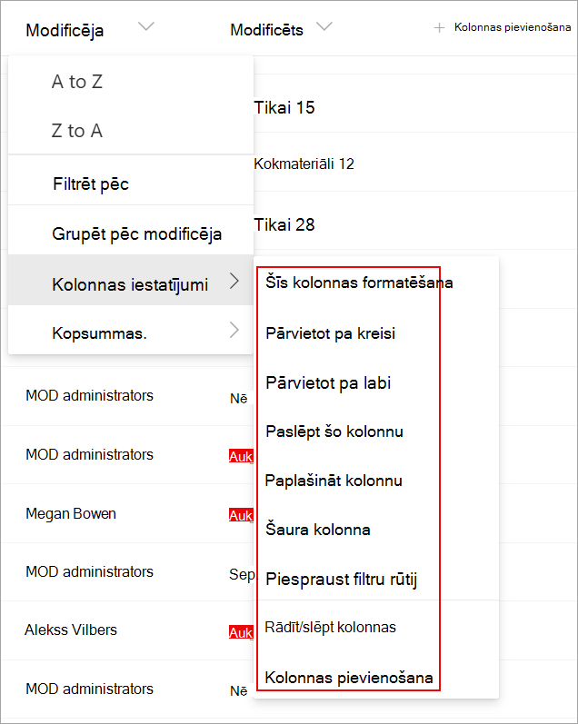 Ekrānuzņēmums, kurā redzami kolonnas iestatījumi sarakstā, kuru varat izmantot, lai modificētu sarakstu.