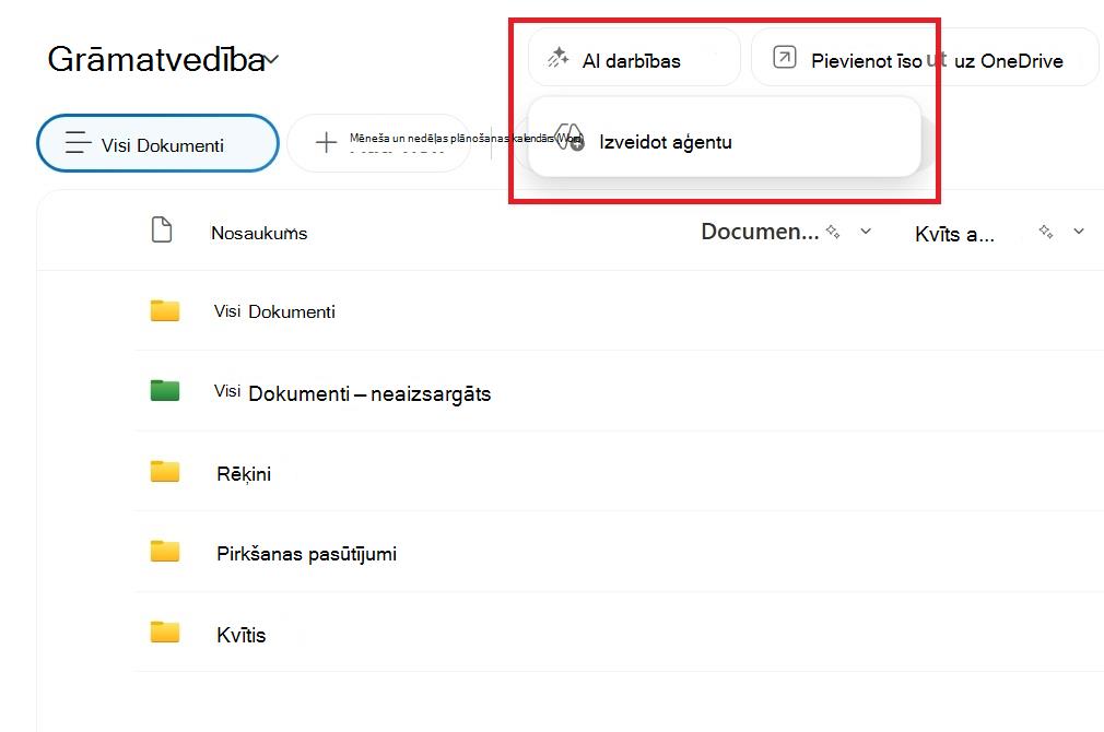 Ekrānuzņēmums, kurā redzama poga aģenta izveidei no SharePoint dokumentu bibliotēkas.