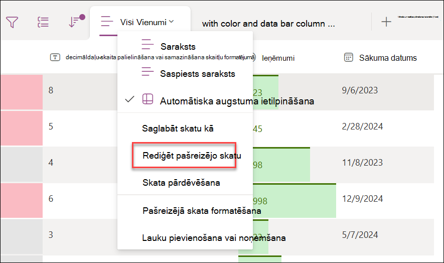 Pašreizējā skata rediģēšanas atlasīšanas ekrānuzņēmums