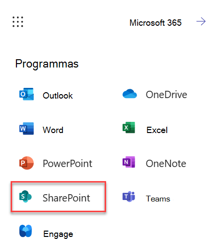 Ekrānuzņēmums, kurā parādīts, kā palaist SharePoint no M365