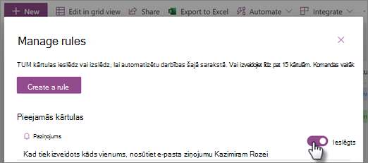 Ekrānuzņēmums, kurā parādīts, kā ieslēgt vai izslēgt kārtulu lapā Kārtulu pārvaldība.
