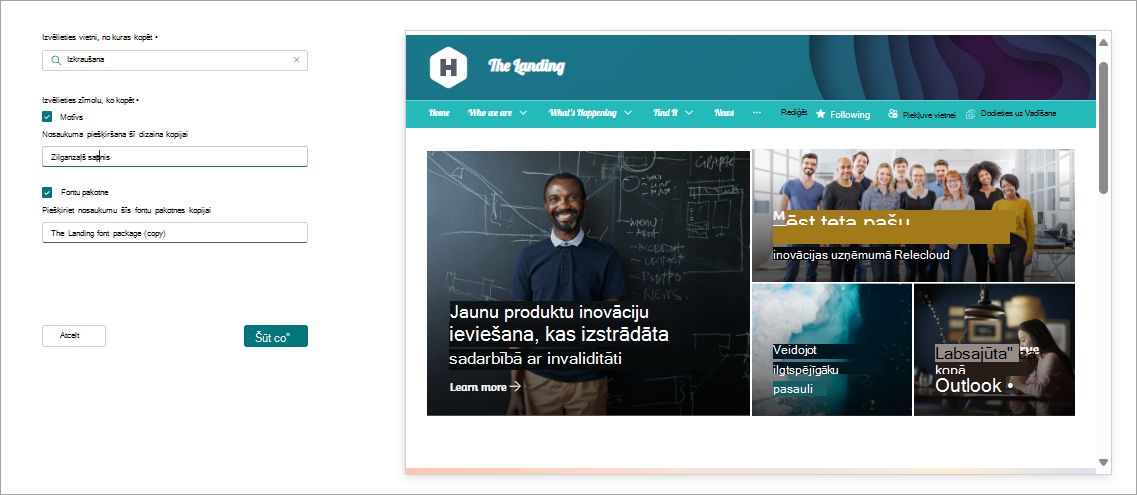 ekrānuzņēmums, kurā redzama vietnes zīmolrades kopija, atlasīt zīmolradi