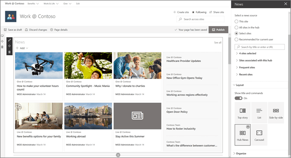 Jaunumu tīmekļa daļa SharePoint Online modernās centrmezgla vietnes paraugā