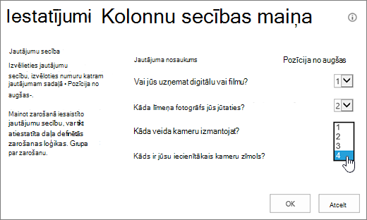 Jautājumu secības maiņas dialogs ar izceltu nolaižamo izvēlni vienam jautājumam