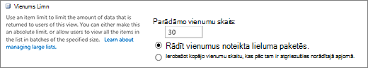 Iestatiet elementu skaitu, kas tiek parādīts skata iestatījumu lapā
