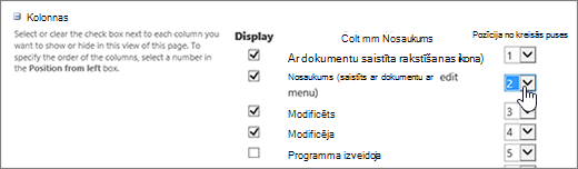 Bibliotēkas kolonnu pārkārtošana skata modificēšanas dialoglodziņā