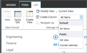 Pašreizējo saraksta skatu nolaižamais saraksts