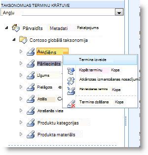 Izvēlne, kurā redzamas darbības, ko var veikt ar terminu kopu