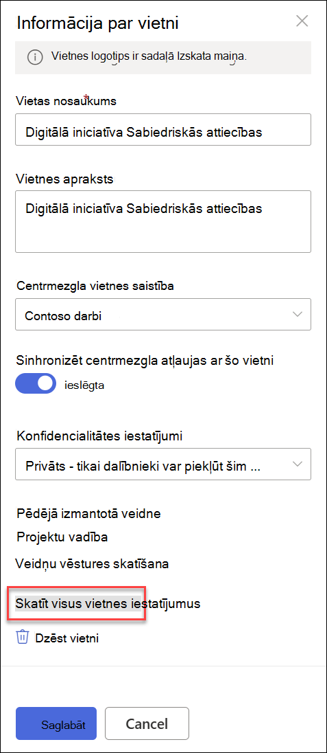 Dialoglodziņš Informācija par vietni.