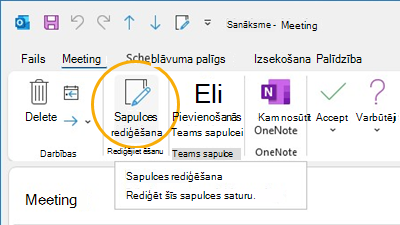 Poga Rediģēt sapulci Lentes pielāgošana programmā Outlook