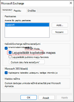 Outlook koplietojamo mapju lejupielādes piemērs