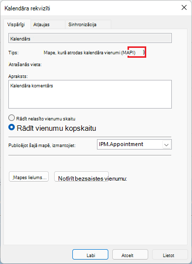 Attēlā redzams Outlook sapulces rekvizītu logs ar sarkanu apli m a p i.