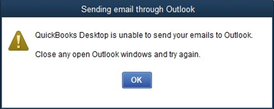 Quickbooks Desktop nevar nosūtīt e-pasta ziņojumu programmā Outlook kļūda