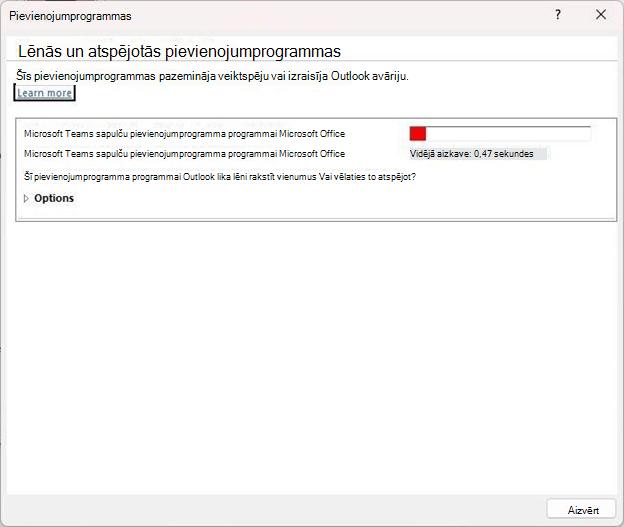 Ekrānuzņēmums ar dialoglodziņu Lēnās un atspējotās pievienojumprogrammas