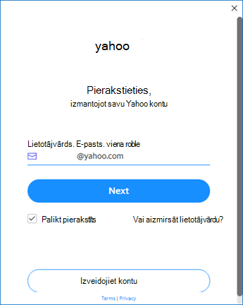 Yahoo Outlook iestatīšanas pirmais ekrāns