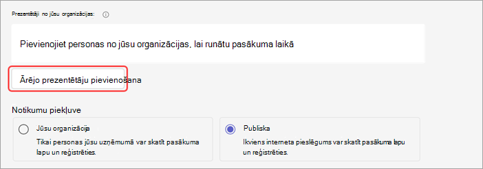 Ekrānuzņēmums, kurā redzams, kā tīmekļsemināram pievienot ārējus prezentētājus