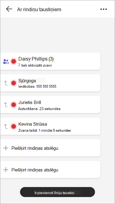 Ekrānuzņēmums, kurā redzama līnijas atslēgai piešķirta koplietojama līnija, koplietojamās līnijas dalībnieki un to zvana statuss.