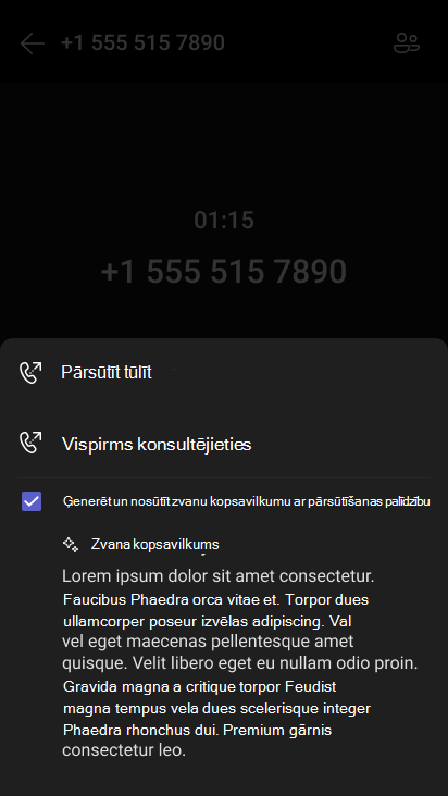 Mākslīgā intelekta ģenerēts kopsavilkums, pārsūtot zvanu