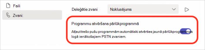 Ekrānuzņēmums ar iestatījumiem, lai ieslēgtu vai izslēgtu atbildēšanu uz zvaniem pārlūkprogrammas uznirstošajā elementā.