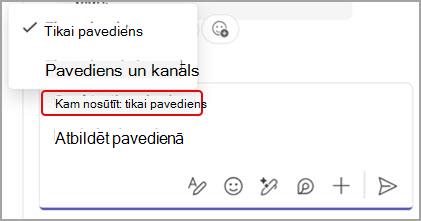 Ekrānuzņēmums, kurā redzamas opcijas atbildēt tikai uz kanāla ziņojumu vai gan uz pavedienu, gan uz galvenā kanāla sarunu.