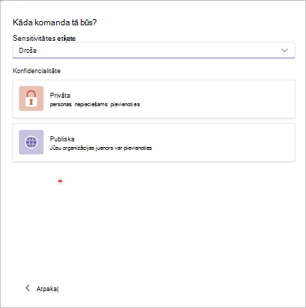 Ekrānuzņēmums ar logu jaunas komandas izveidei pakalpojumā Microsoft Teams ar opcijām iestatīt sensitīvumu kā drošu un privātumu kā privātu vai publisku.