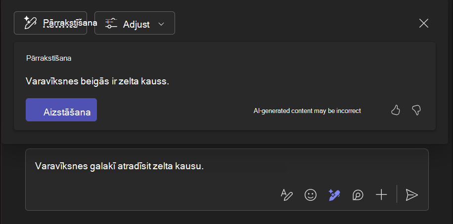Ekrānuzņēmums, kurā redzams, kā rīks Pārrakstīt, izmantojot Copilot, palīdz uzlabot teksta fragmentu.