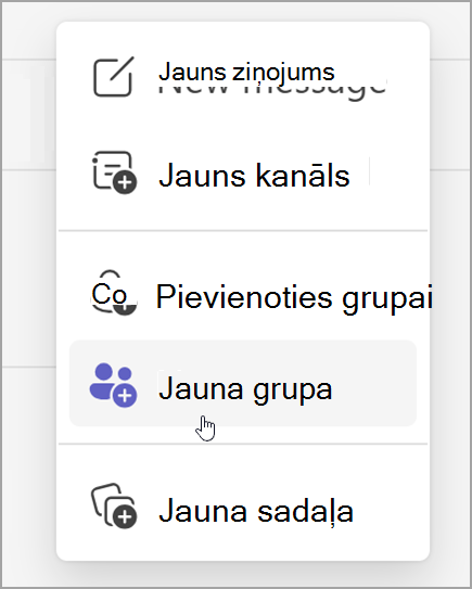Ekrānuzņēmums, kurā redzama opcija izveidot jaunu komandu. Tas tiek parādīts pēc jauno vienumu opcijas atlasīšanas.
