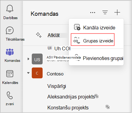 Ekrānuzņēmums ar izvēlni ar iespējām izveidot kanālu, izveidot grupu vai pievienoties grupai. Lai izveidotu grupu, atlasiet Izveidot grupu. Tajā tiek parādīts arī esošo grupu un kanālu saraksts.