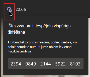 Peles rādītājs norāda uz šifrēšanas vairoga ikonu. Ziņojums ar numuru grupu parāda, ka persona var pārbaudīt, vai numuri atbilst citiem zvana dalībniekiem, lai pārliecinātos, vai viņi ir vispārīgi šifrētā zvanā.