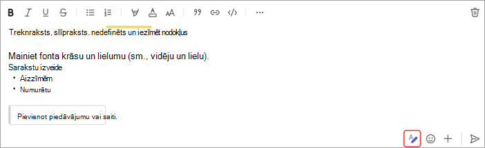 Ekrānuzņēmums, kurā redzamas tērzēšanas ziņojuma formatēšanas opcijas