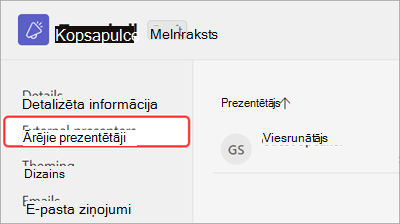 Ekrānuzņēmums, kurā redzama iezīmēta ārējo prezentētāju cilne kopsapulces plānošanas formā