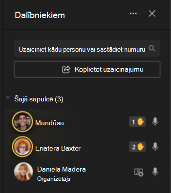 Attēls, kurā redzami dalībnieki ekrāna kreisajā pusē ar rokas pacelšanas ikonām.