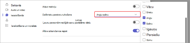 Sapulces opcija, kurā redzams, kā notikumā pievienot valodas tiešraides tulkotajiem titriem.