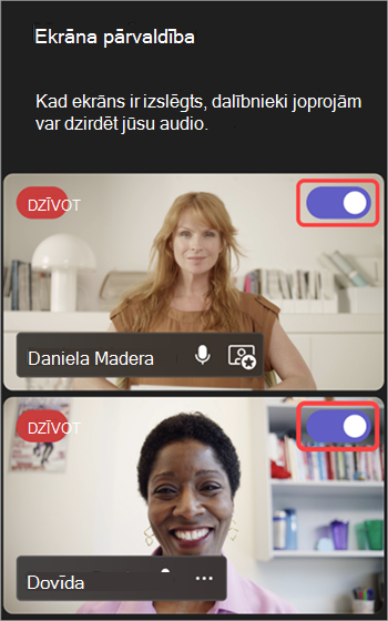 Ekrānuzņēmums, kurā redzams pārslēgs, kas ļauj ieslēgt un izvest personas no ekrāna.