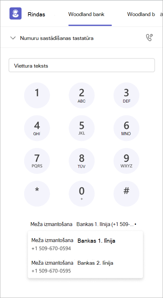 Ekrānuzņēmums, kurā redzama numura sastādīšanas tastatūra ar izejošo zvanu opcijām