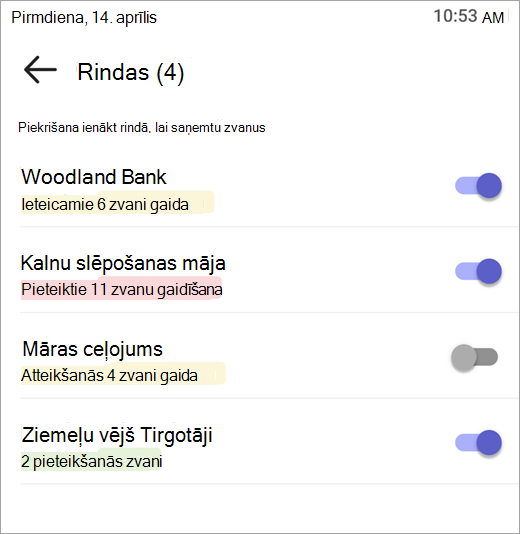 Ekrānuzņēmums, kurā redzams, kā pieteikties zvanu rindām un atteikties no tām