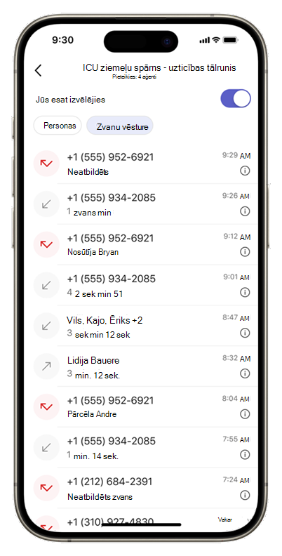 Ekrānuzņēmums ar mobilās ierīces programmas Rindas cilni Zvanu vēsture, kurā redzama rindas zvanu vēsture.