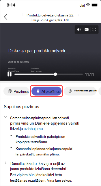 Skatiet mākslīgā intelekta ģenerētas piezīmes Teams sapulces kopsavilkumā.