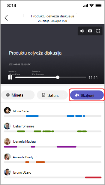 Skatīt runātājus Teams sapulces kopsavilkumā.