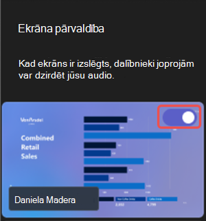 Ekrānuzņēmums, kurā parādīts, kā kopīgot redzamo saturu Microsoft Teams pasākuma laikā.