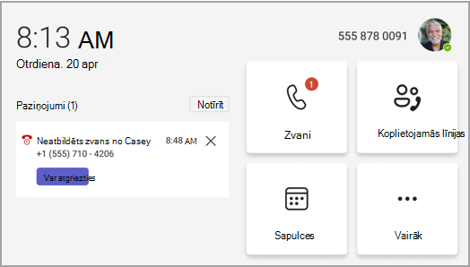 Teams tālruņa sākuma ekrāns