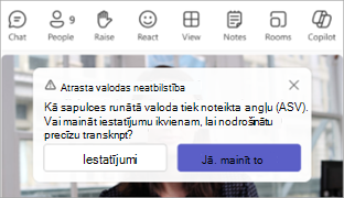 Ekrānuzņēmums ar Teams paziņojumu, kas piedāvā atjaunināt sapulces runas valodu.